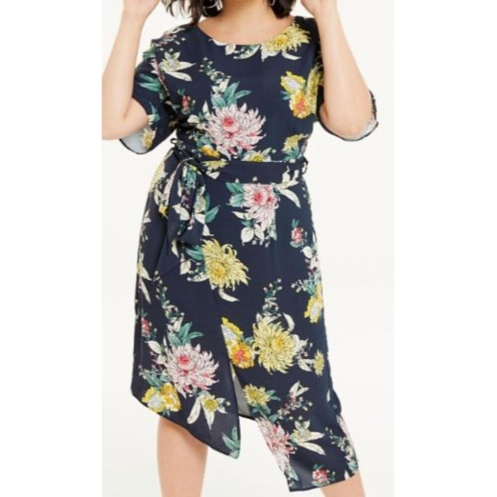 Simply Be Dress M Floral Asymmetrical Front Slit Belted Midi Size 10